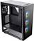 Boîtier PC noir avec côtés transparents, montrant des ventilateurs à éclairage LED à l'avant et un ventilateur à l'arrière.