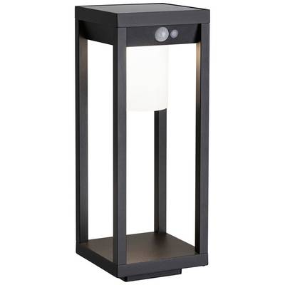 Une lampe d'extérieur moderne, rectangulaire, en métal noir avec détecteur de mouvement intégré et insert lumineux blanc.