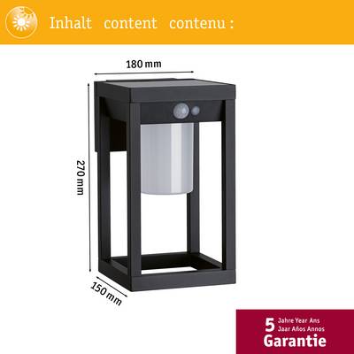 Un luminaire solaire noir rectangulaire aux dimensions : 180 mm de largeur, 270 mm de hauteur, 150 mm de profondeur. Durée de garantie : 5 ans.