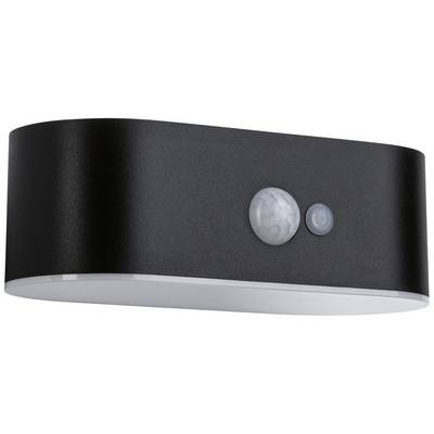 Lampe d'extérieur noire équipée de deux détecteurs de mouvement sur la façade, au design rectangulaire et épuré. Idéale pour une installation murale.