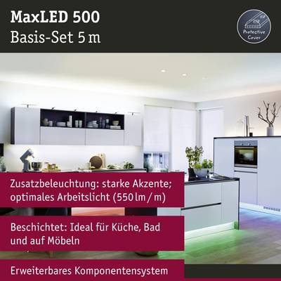 MaxLED 500 système d'éclairage dans une cuisine au design moderne. Texte : 'Éclairage de travail optimal : des accents puissants', 'Particulièrement idéal pour la cuisine, la salle de bain et les meubles'.
