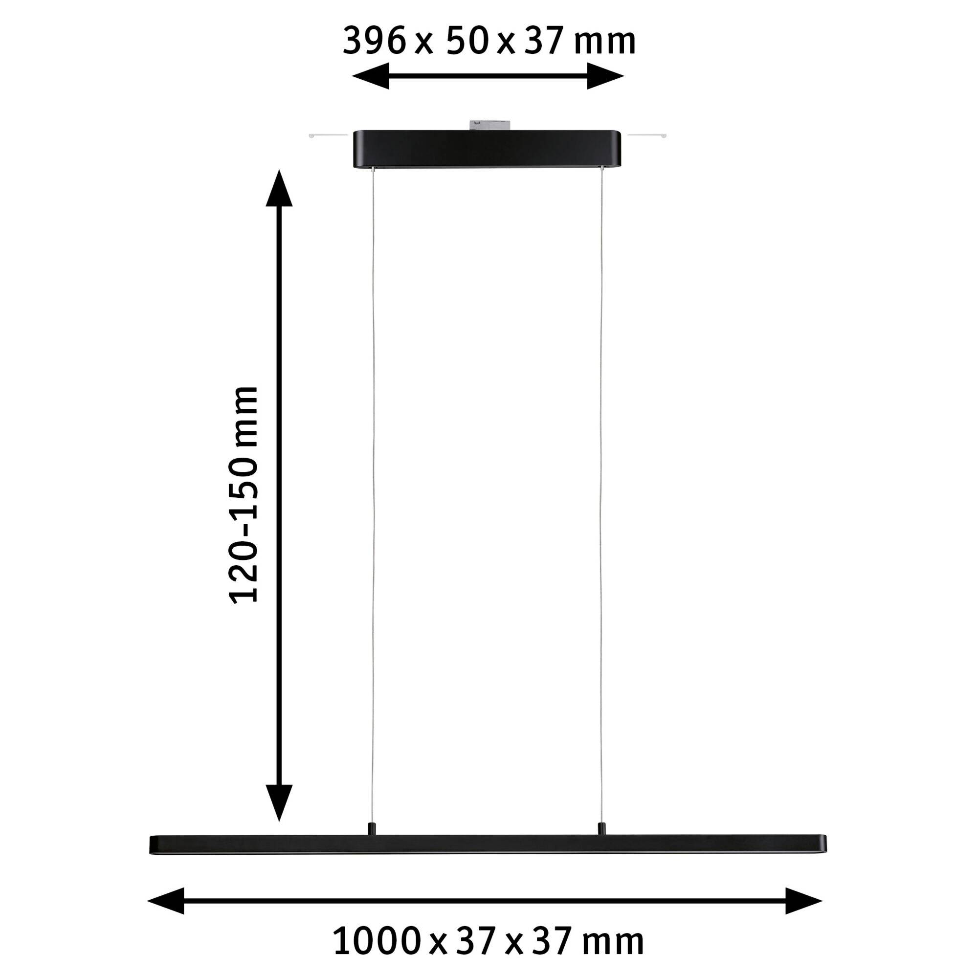 Suspension luminaire avec un baldaquin rectangulaire, dimensions 396 x 50 x 37 mm. Longueur de suspension 120-150 mm, taille de la lampe 1000 x 37 x 37 mm.