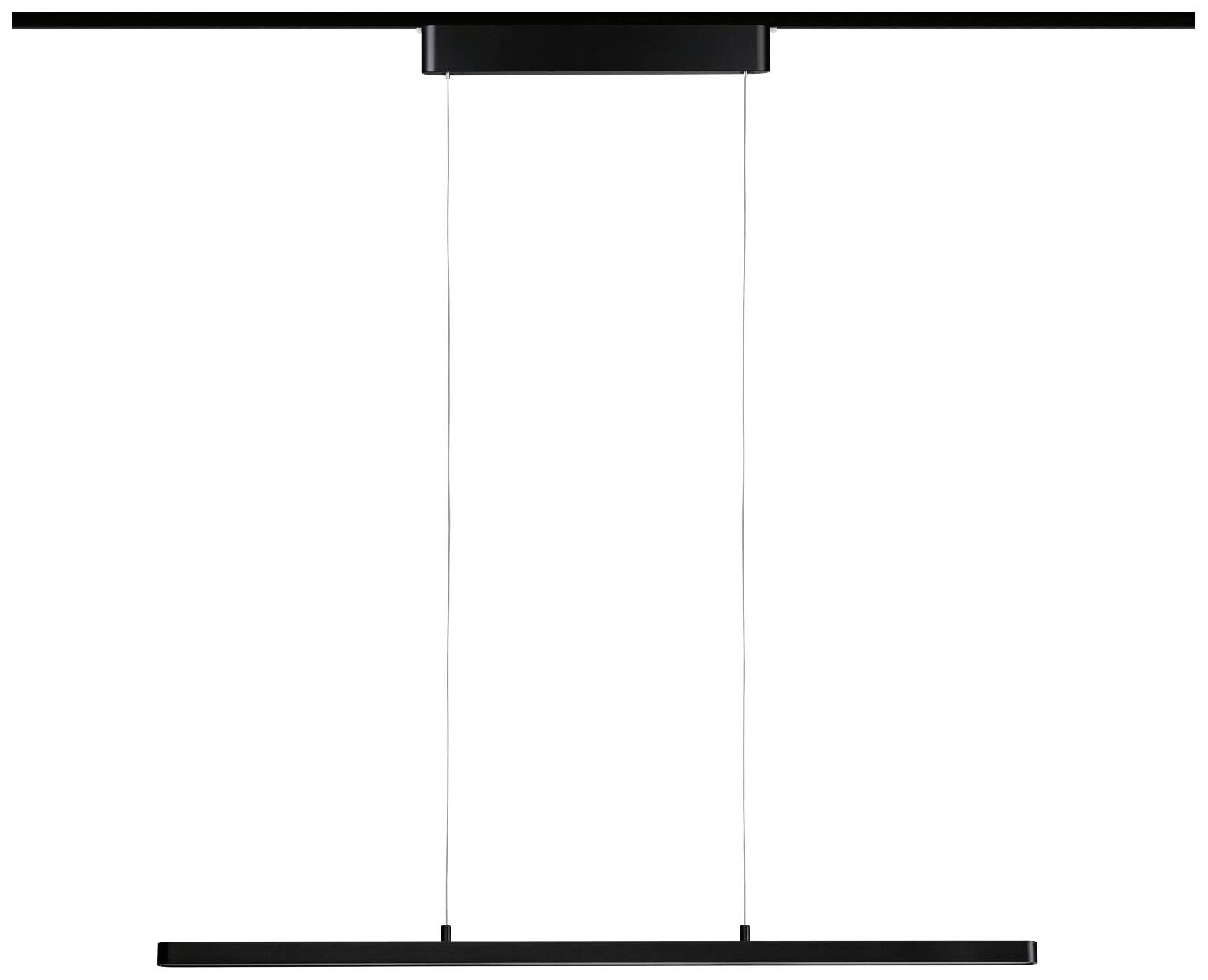 Suspension lumineuse noire minimaliste avec un corps lumineux rectangulaire et allongé, suspendue par deux câbles fins, idéale pour les espaces modernes.