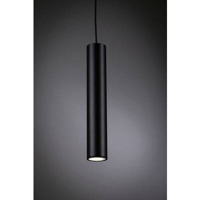 Un luminaire pendentif cylindrique minimaliste en noir pend du plafond et éclaire vers le bas.