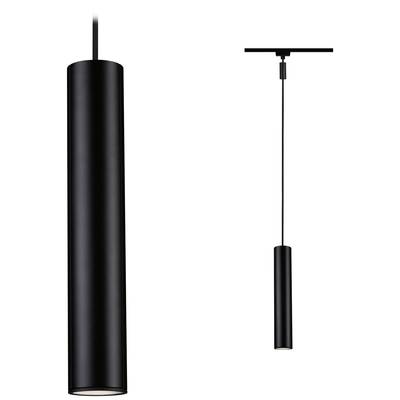 Suspension cylindrique noire au design élancé, suspendue par un long câble. Moderne et minimaliste, parfaite pour les intérieurs contemporains.