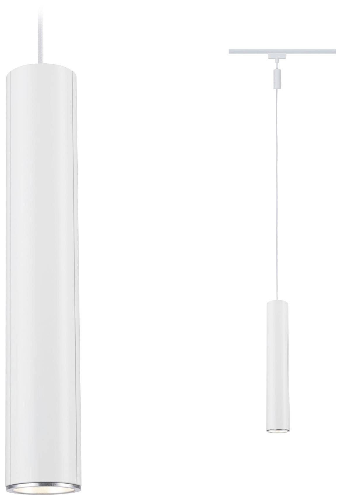 Une suspension moderne, cylindrique, blanche avec un câble fin, idéale pour les intérieurs minimalistes.