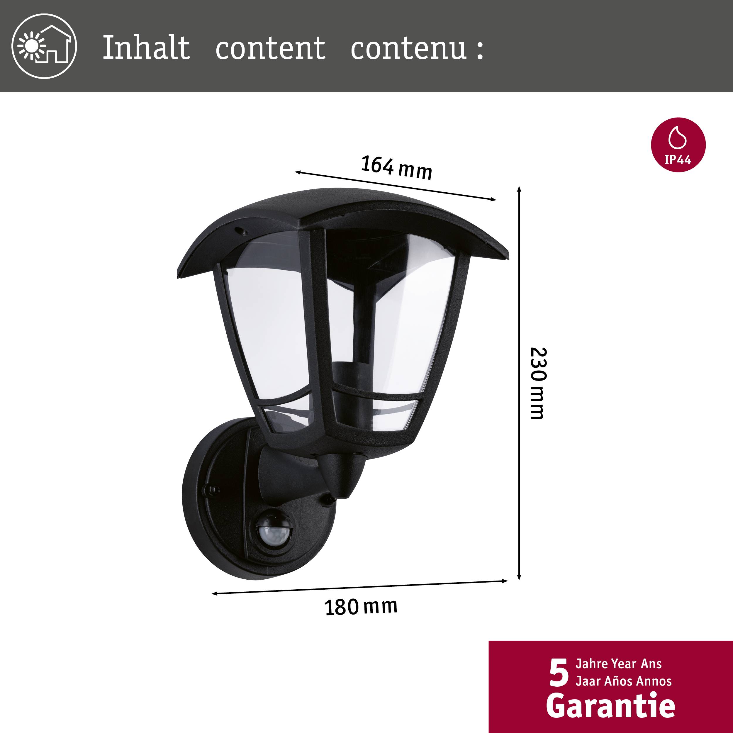 'Applique murale noire avec dimensions : 164 mm de largeur, 230 mm de hauteur, 180 mm de profondeur. Indice de protection IP44. 5 ans de garantie.'