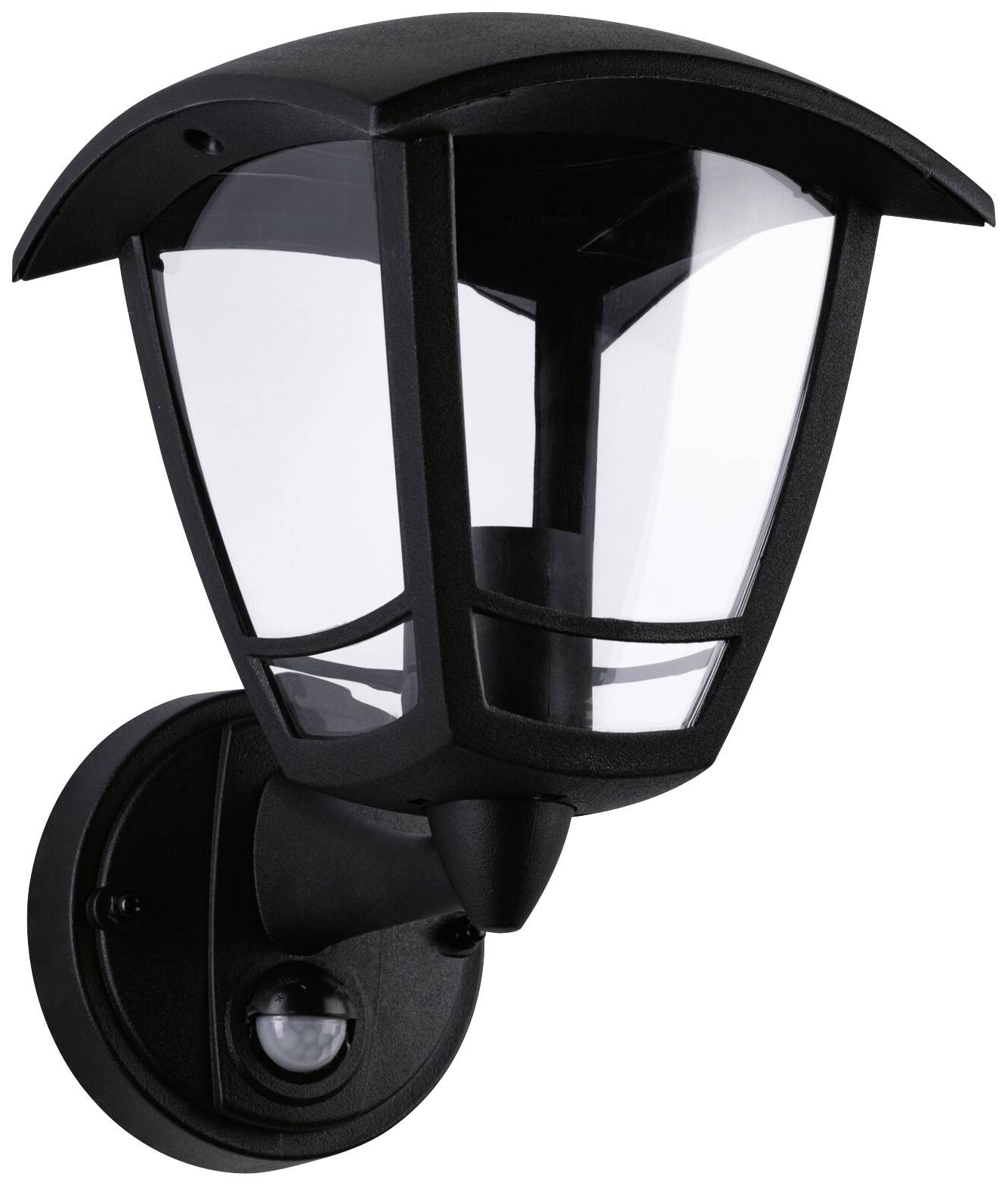 Un luminaire extérieur noir avec du verre transparent et un détecteur de mouvement, conçu pour éclairer les entrées ou les jardins.