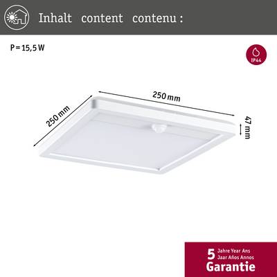 'Plafonnier LED carré, 250x250 mm, 15,5 W, P=15,5 W, IP44. Garantie 5 ans.'