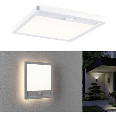 Deux luminaires LED carrés : un plafonnier en haut, un applique murale en bas, tous deux équipés d'un détecteur de mouvement intégré.