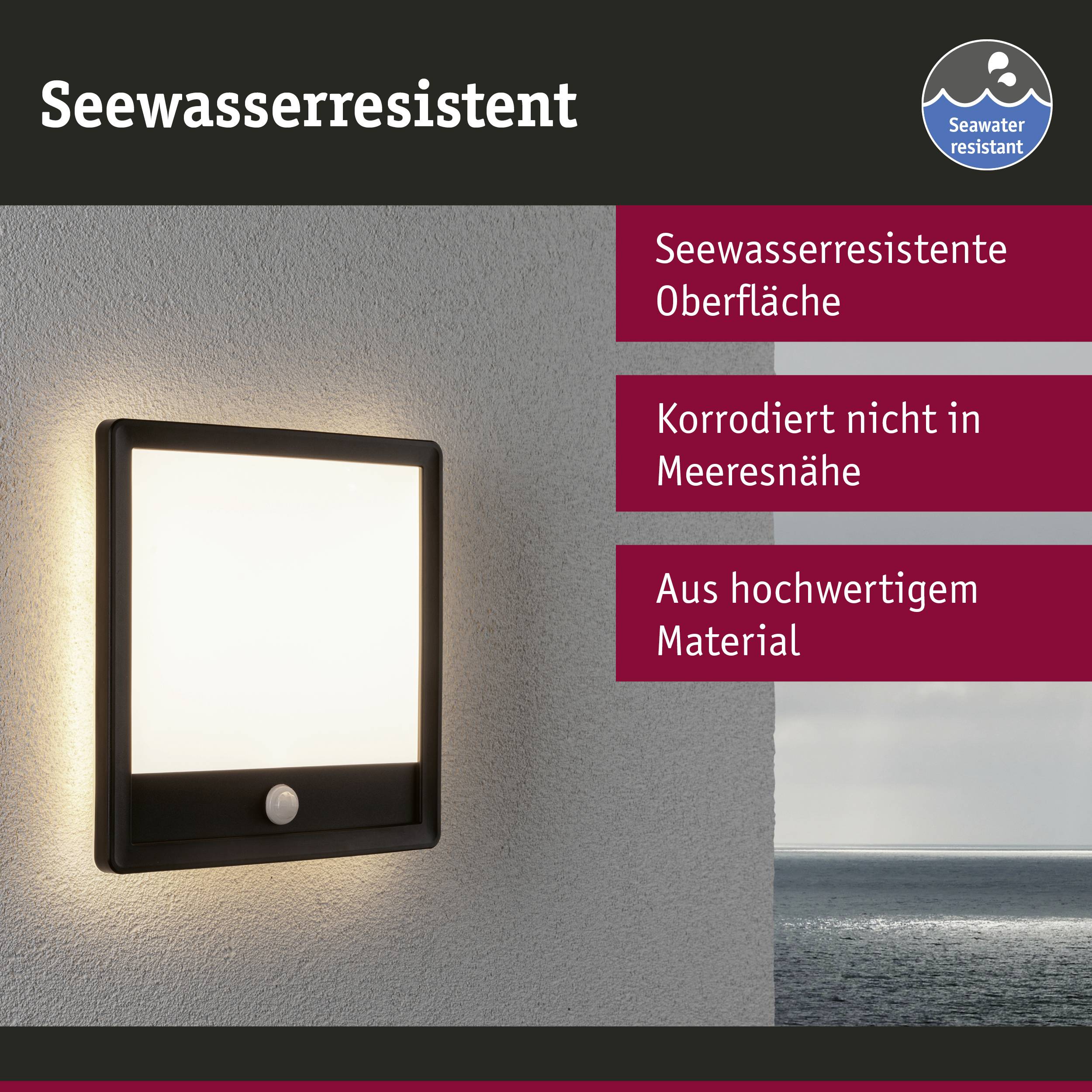 Applique murale résistante à la corrosion marine. Fabriquée à partir de matériaux de haute qualité. Texte : 'Résistant à l'eau de mer'.