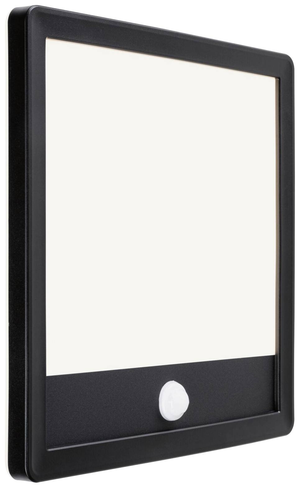 Un tableau noir rectangulaire avec un cadre encadrant une surface d'écran transparente et une touche blanche en bas.