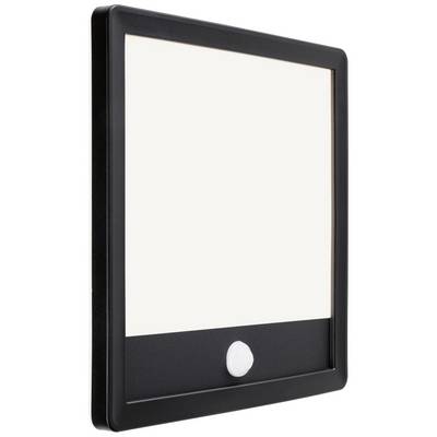 Un tableau noir rectangulaire avec un cadre encadrant une surface d'écran transparente et une touche blanche en bas.