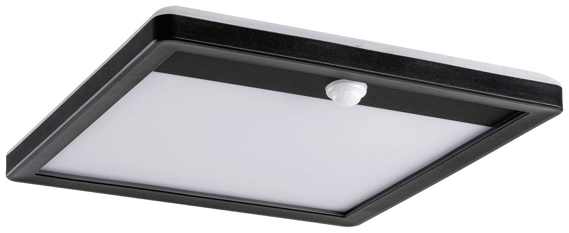 Plafonnier LED rectangulaire noir avec capteur de mouvement intégré. Idéal pour un éclairage intérieur économe en énergie.