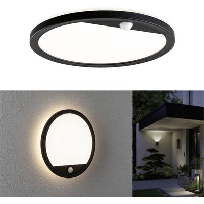 Luminaire rond LED pour plafond et mur avec cadre noir. Installé à l'extérieur d'une maison, il éclaire la zone d'entrée.