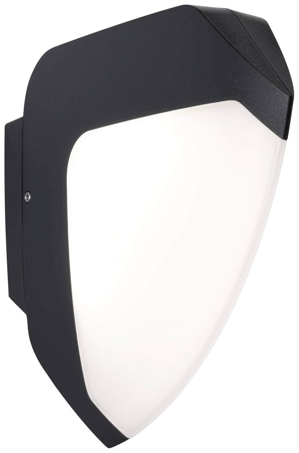 Lampe extérieure noire au design moderne et arrondi, avec un diffuseur blanc à éclairage uniforme. Montage mural.