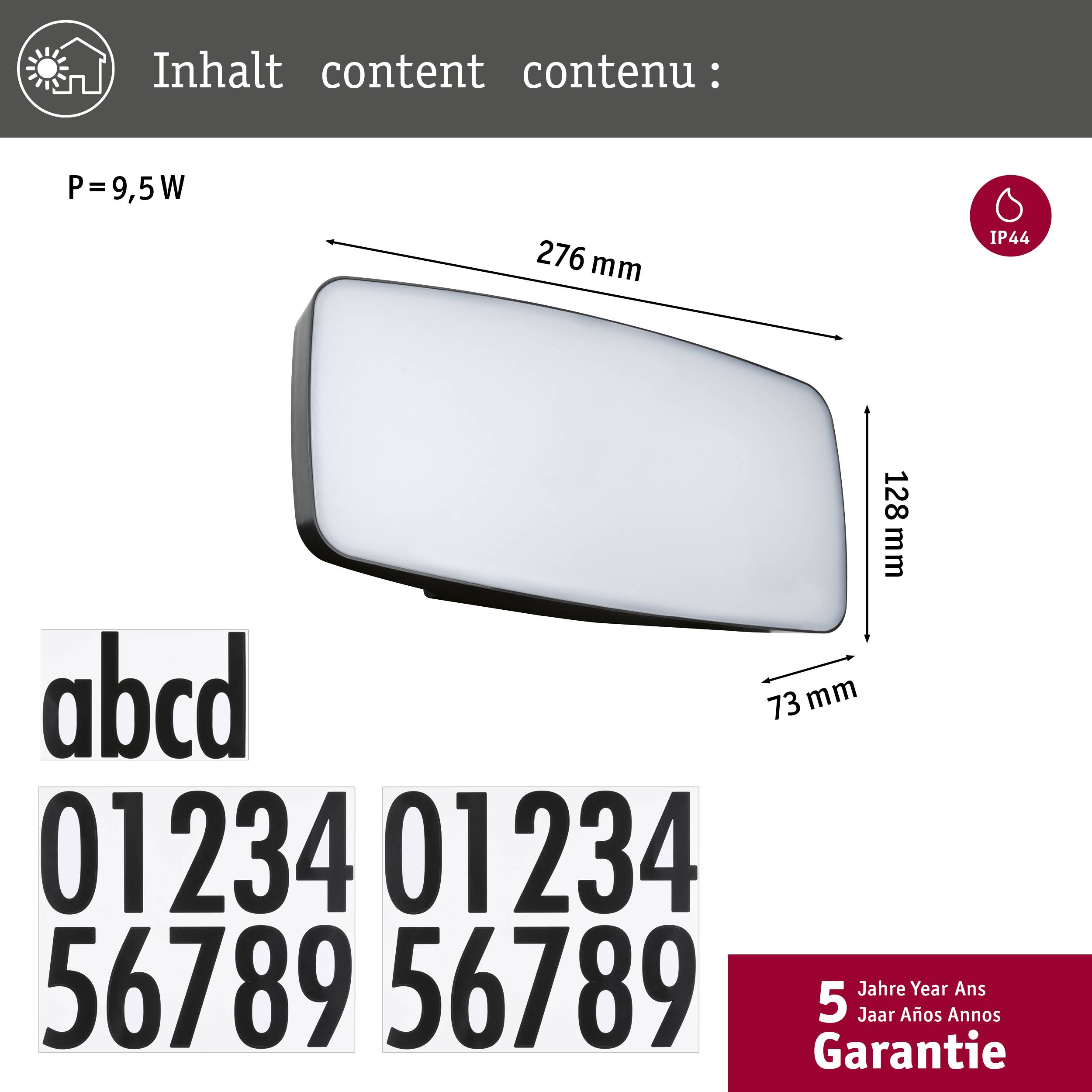 Applique murale blanche avec les dimensions 276 x 128 x 73 mm, puissance 9,5 W, indice de protection IP44. Texte '5 ans de garantie' sur fond rouge.