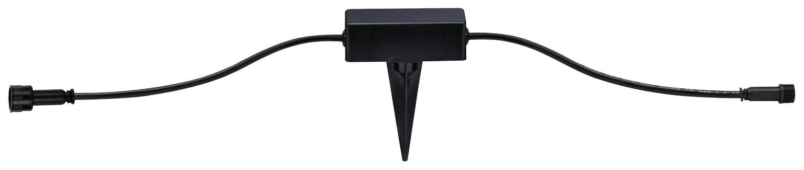 Répartiteur de câbles de jardin noir avec piquet de terre et deux connexions, adapté à une utilisation en extérieur.