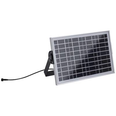 Un petit panneau solaire rectangulaire avec un cadre métallique, monté sur un support et relié par un câble noir.