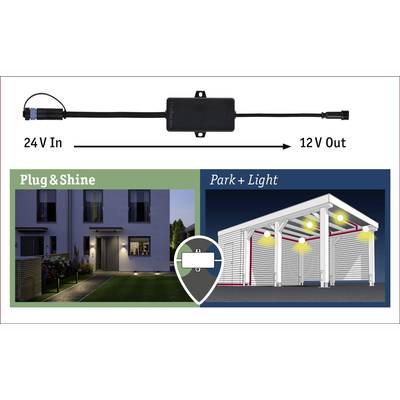 Convertisseur 'Plug & Shine' : Entrée 24V, Sortie 12V. À gauche : Maison avec éclairage de jardin. À droite : Éclairage couvert d'un espace de stationnement.
