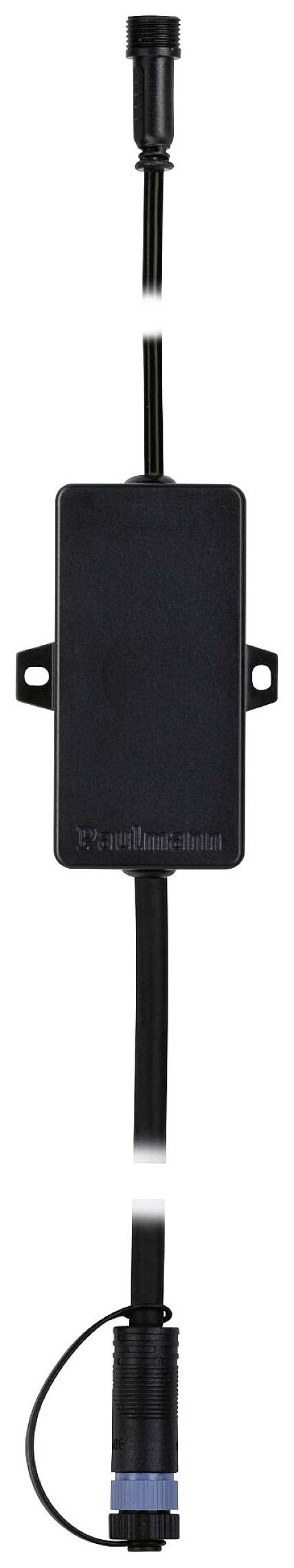 Un adaptateur rectangulaire noir avec deux câbles, l'un à l'extrémité supérieure et l'autre à l'extrémité inférieure. Conçu pour les connexions électriques.