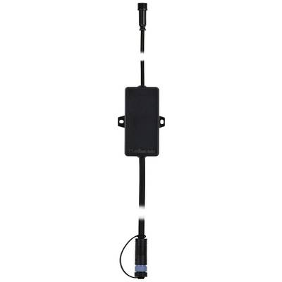 Un adaptateur rectangulaire noir avec deux câbles, l'un à l'extrémité supérieure et l'autre à l'extrémité inférieure. Conçu pour les connexions électriques.