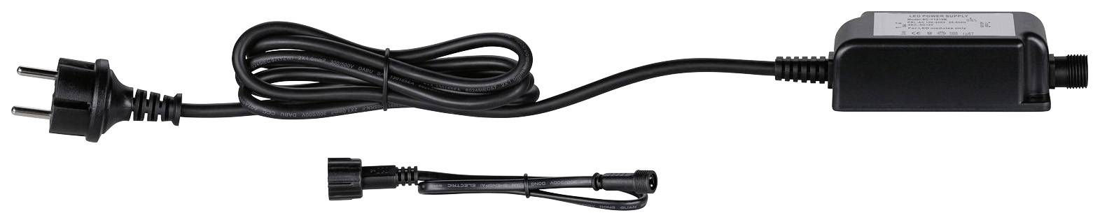 Câble d'alimentation noir avec deux fiches différentes, l'une étant une fiche secteur bipolaire et l'autre un connecteur cylindrique.