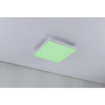 Plafonnier rectangulaire émettant une lumière verdâtre, installé dans une pièce moderne et lumineuse.