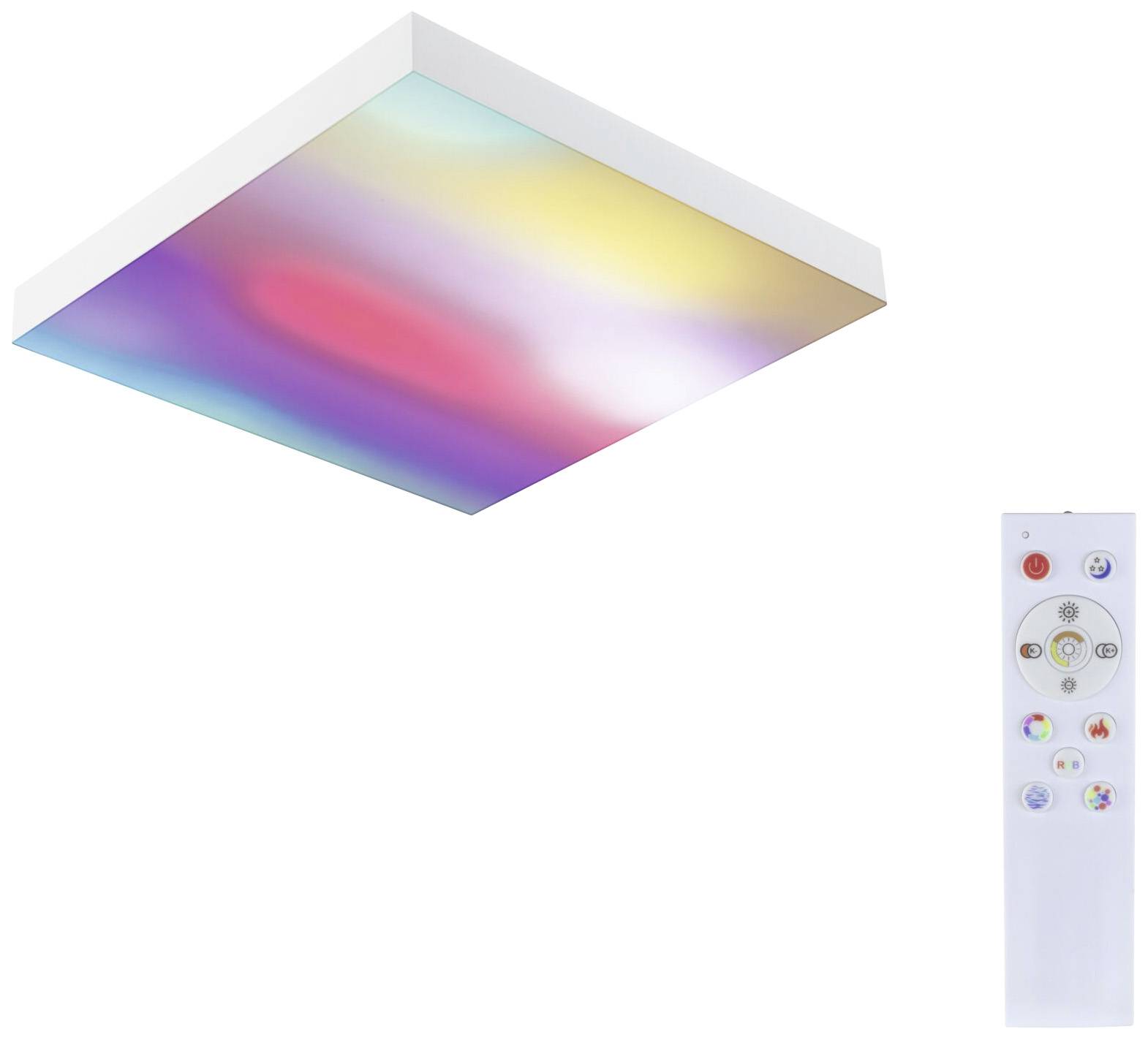 Plafonnier LED avec fonction de changement de couleur et télécommande. La lumière affiche différentes couleurs et crée une atmosphère dynamique.