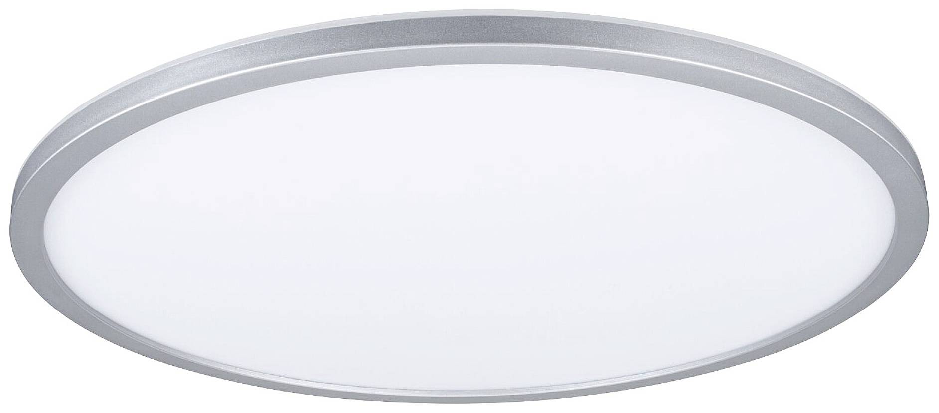 Plafonnier LED rond au design minimaliste, avec un bord argenté et une surface lumineuse blanche. Idéal pour les espaces intérieurs modernes.
