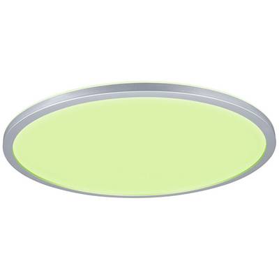 Plafonnier rond avec bordure argentée et surface lumineuse verdâtre, adapté à l'éclairage moderne des espaces.