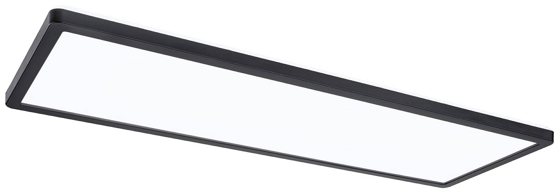Plafonnier LED rectangulaire au cadre noir diffusant une lumière claire et uniforme. Idéal pour les intérieurs modernes.