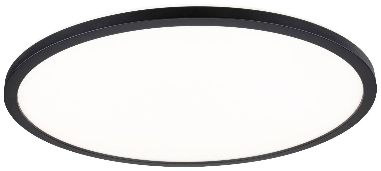 Un luminaire de plafond rond et plat avec un cadre noir et un diffuseur lumineux blanc, adapté aux espaces intérieurs modernes.