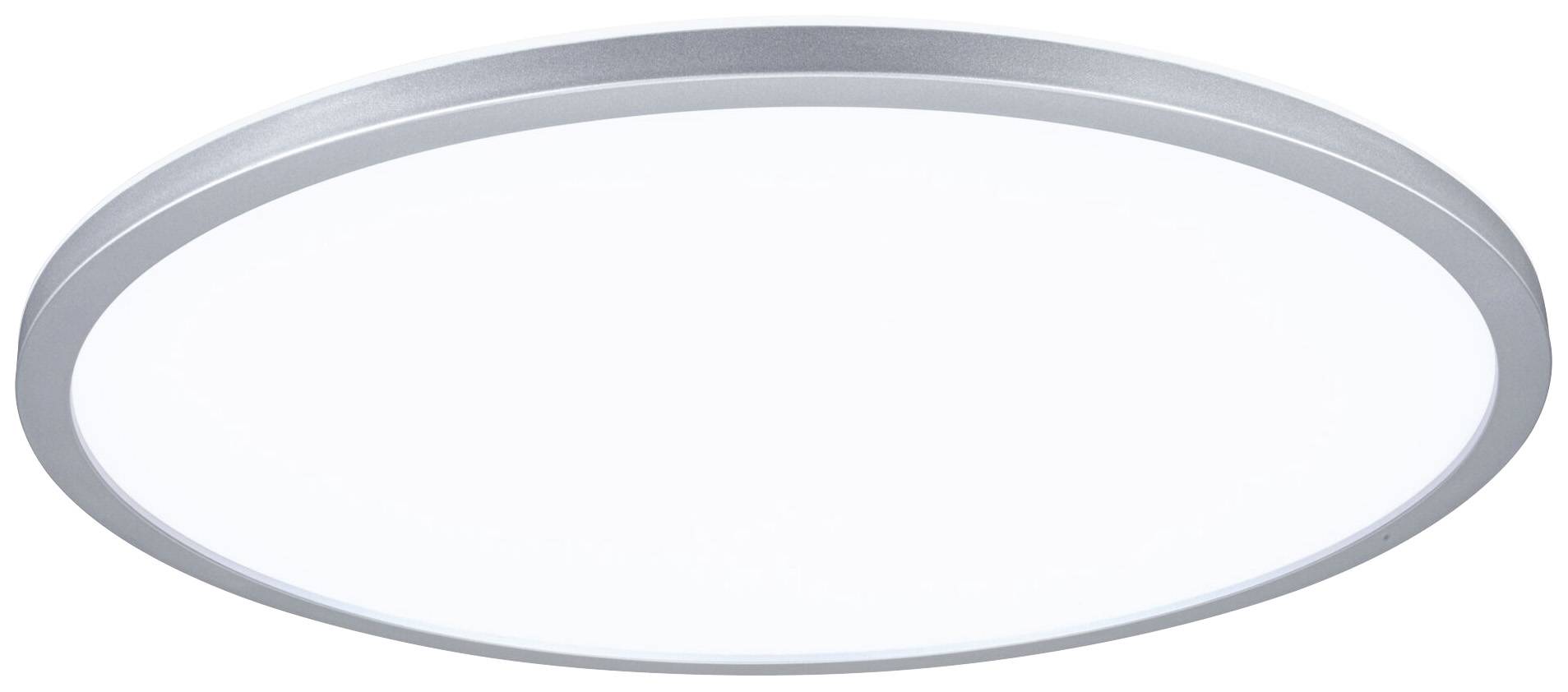 Plafonnier LED rond avec cadre argenté, émettant une lumière blanche. Style moderne, adapté aux espaces intérieurs tels que bureaux ou appartements.