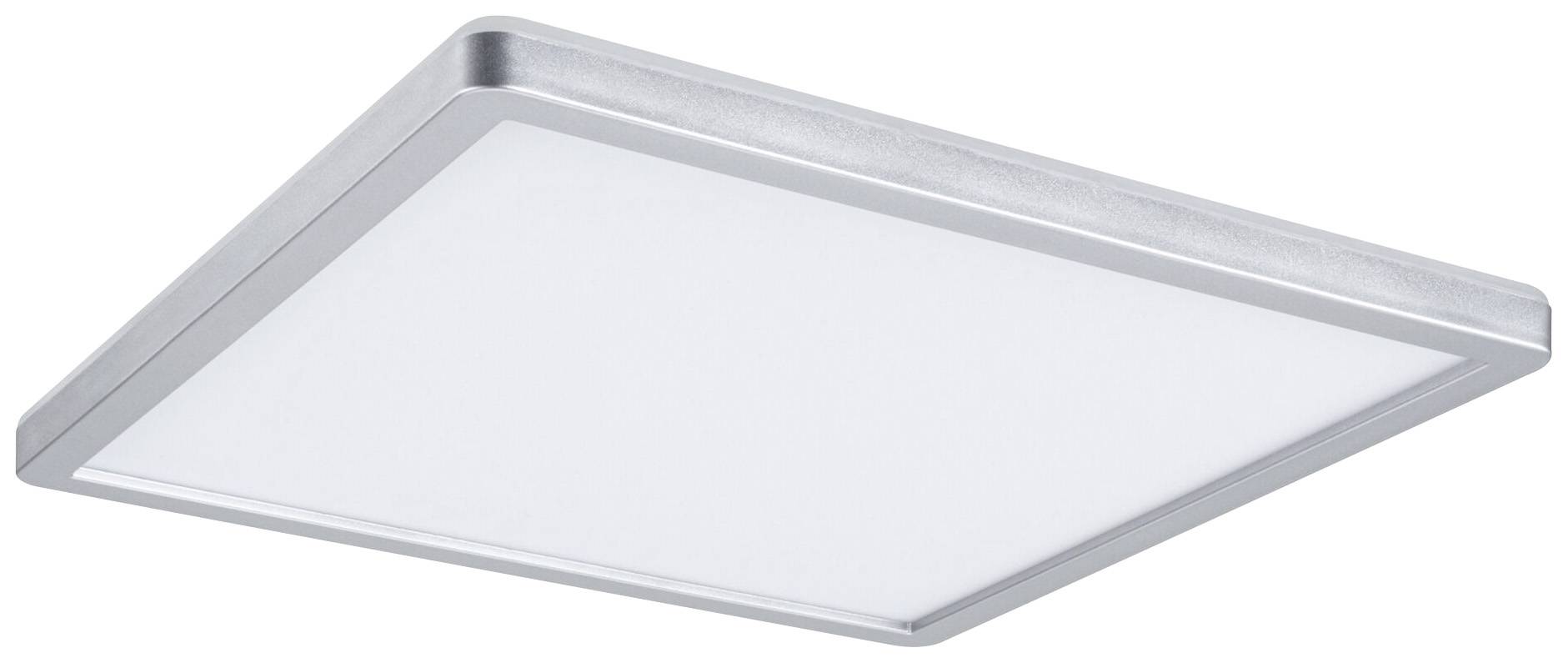 Plafonnier LED carré avec cadre argenté et surface lumineuse blanche, adapté aux espaces intérieurs modernes.