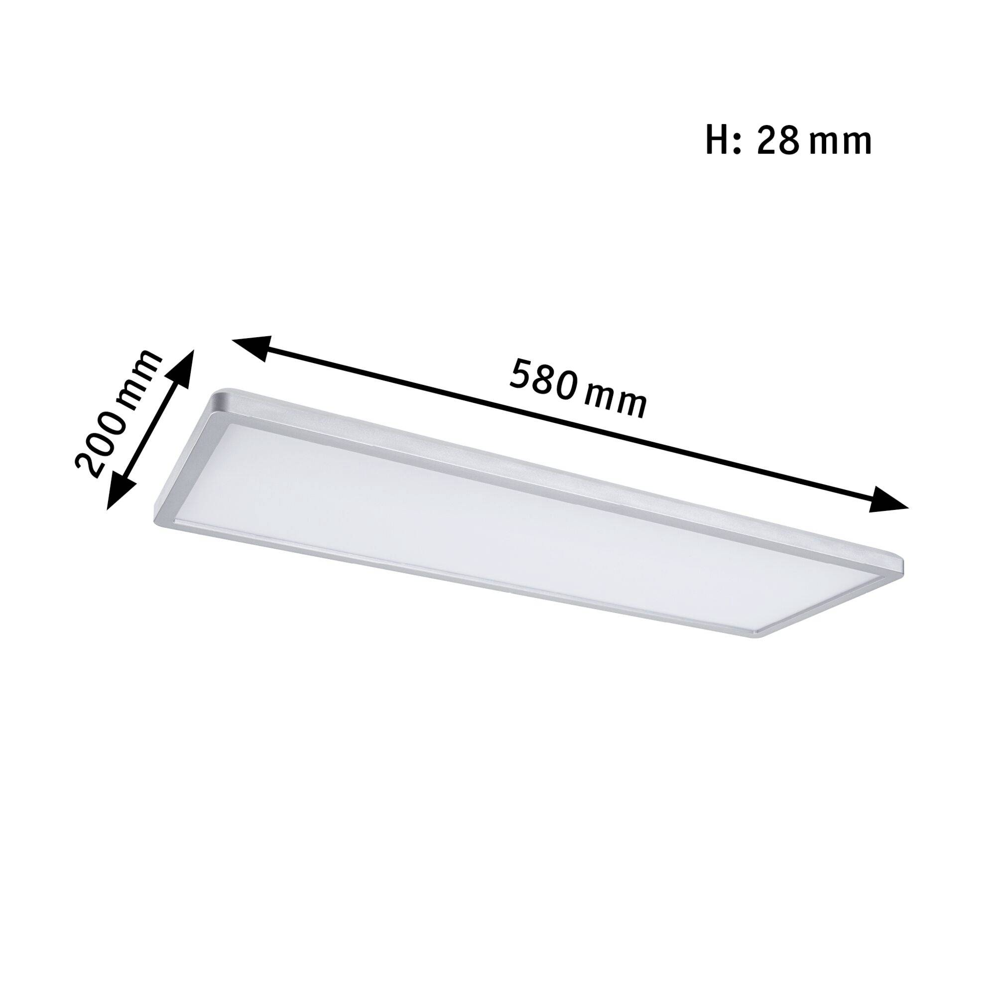 Plafonnier rectangulaire de 580 mm de long, 200 mm de large et 28 mm de hauteur.
