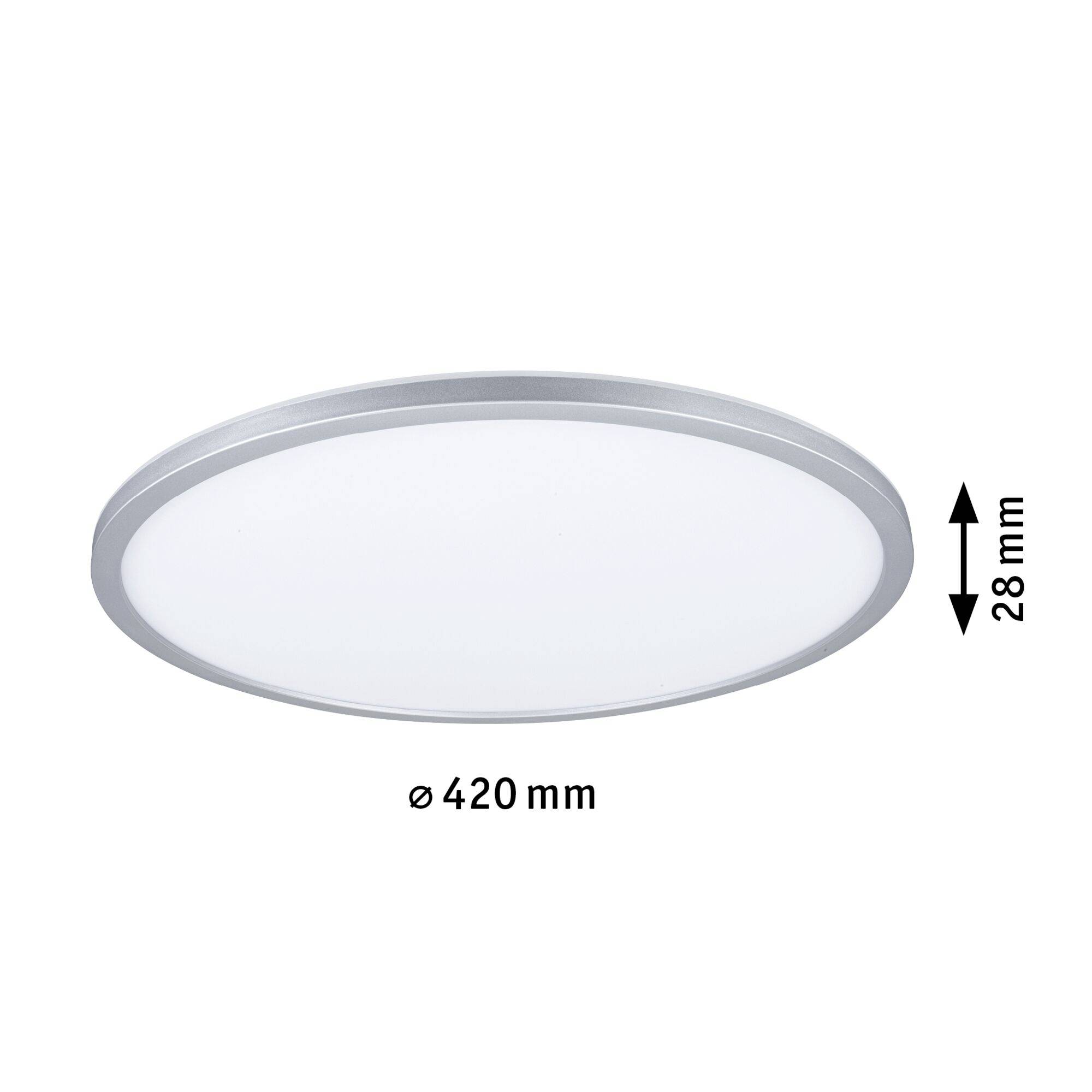 Plafonnier LED rond avec cadre argenté, diamètre de 420 mm, hauteur de 28 mm, indiquant ses dimensions. Adapté aux espaces modernes.