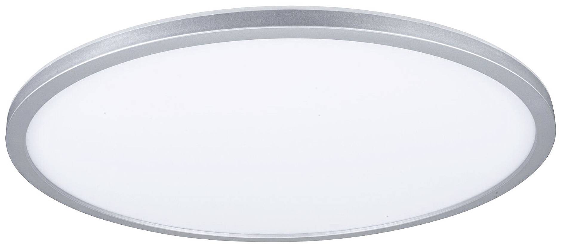 Plafonnier rond et plat avec bordure argentée et surface blanche à éclairage uniforme.