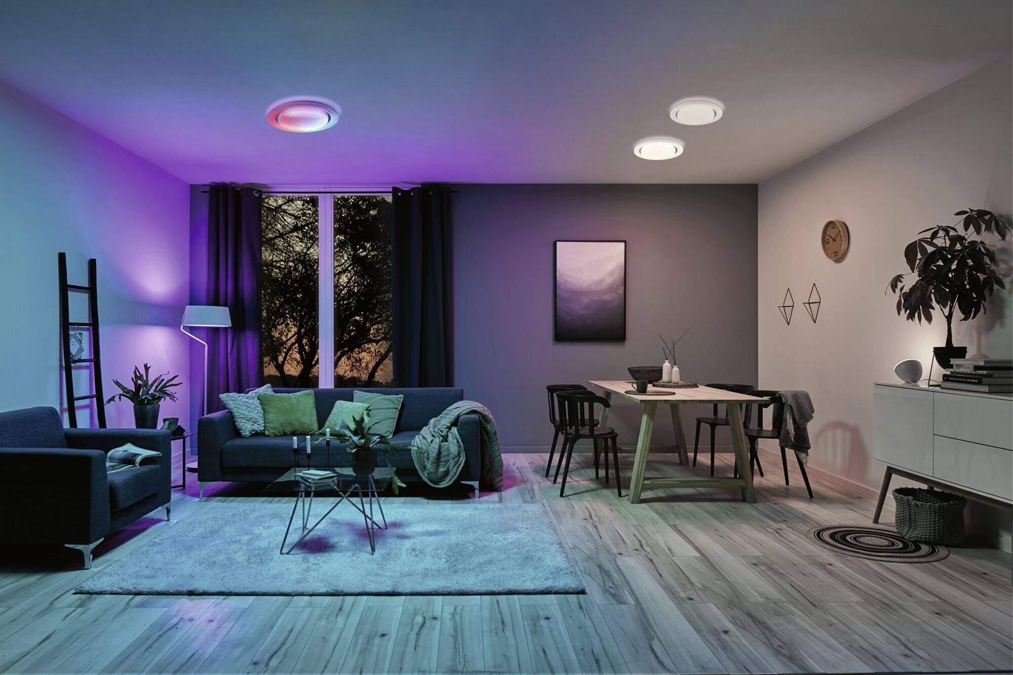 Salon moderne avec un ameublement élégant, canapé, table et plante artificielle. Un éclairage coloré provenant de lampes LED crée une ambiance chaleureuse.