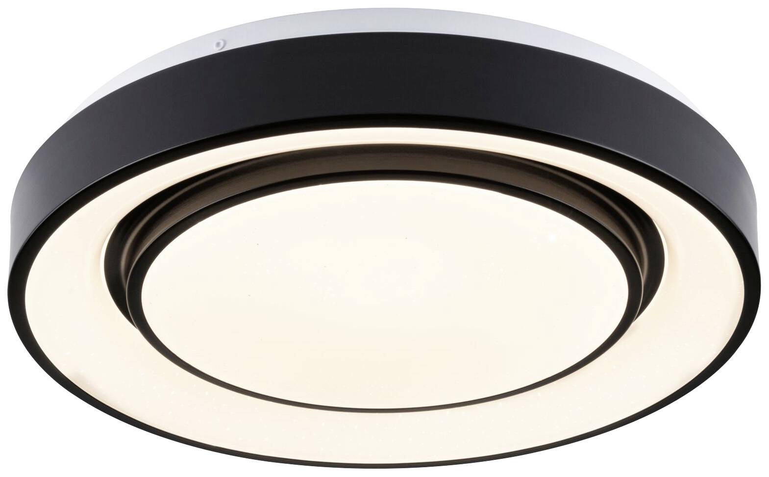 Plafonnier rond moderne avec bordure noire et plaque centrale lumineuse. Idéal pour un éclairage élégant des espaces intérieurs.