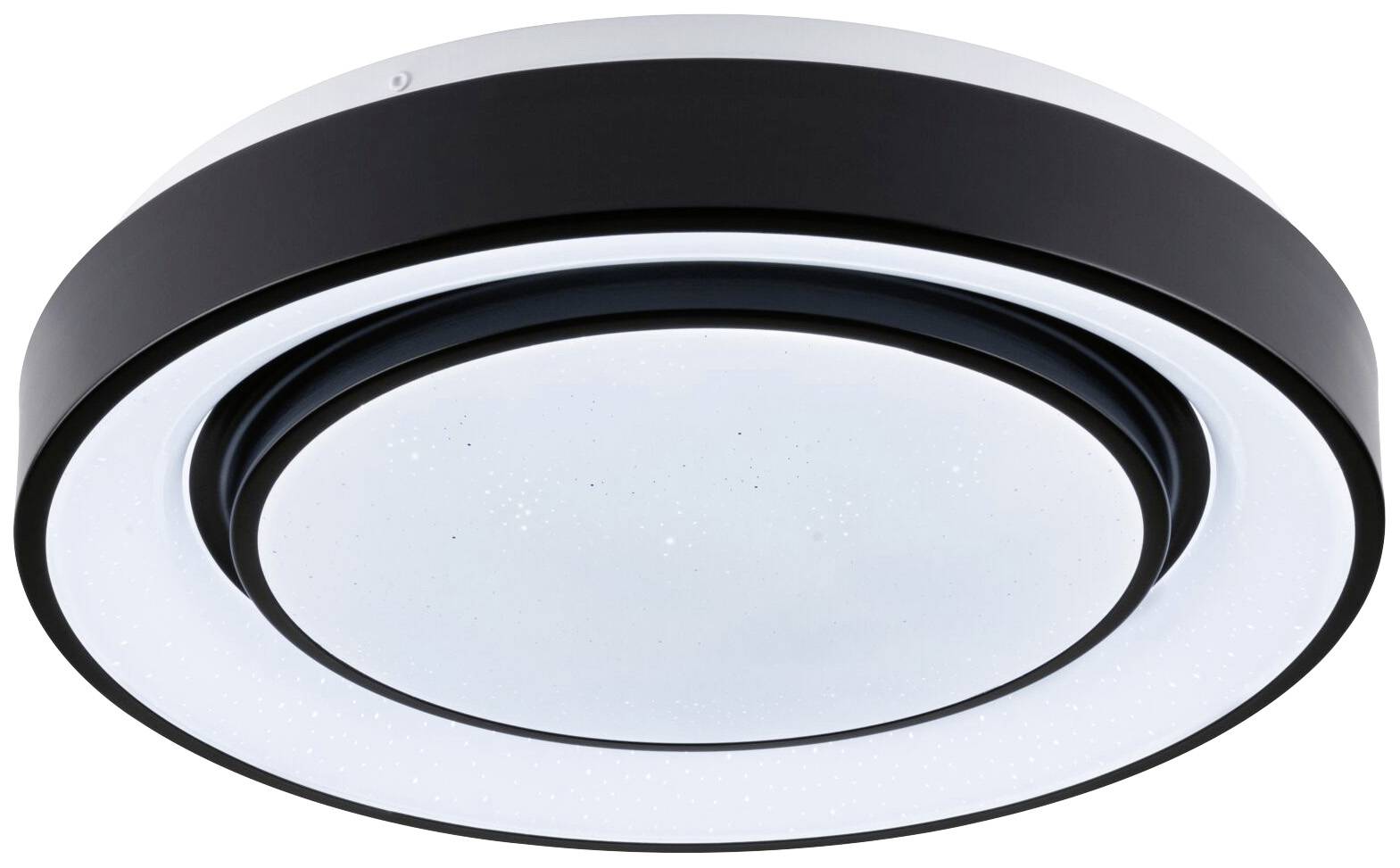 Plafonnier rond avec bordure noire et zone centrale lumineuse. Design minimaliste pour intérieurs modernes.