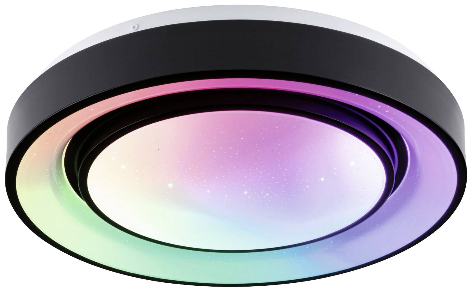 Plafonnier circulaire à éclairage multicolore, passant de l'intérieur vers l'extérieur du rose, au violet et au vert.