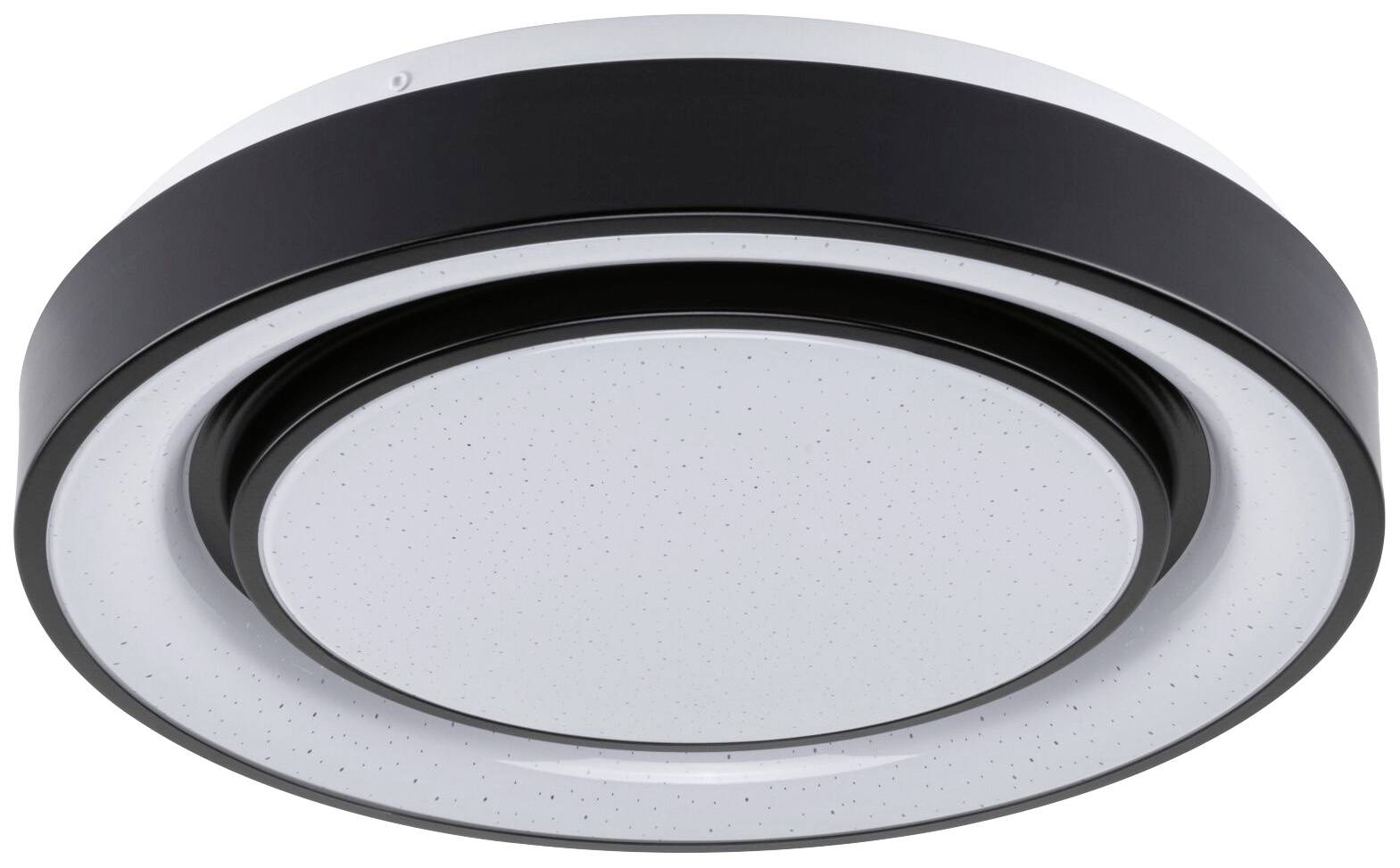 Plafonnier moderne et rond en noir et blanc à surface brillante. Idéal pour salon ou bureau.