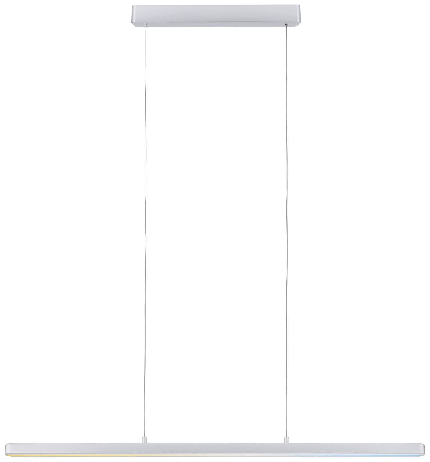Une lampe LED suspendue minimaliste au design rectangulaire, fixée par deux câbles fins à un support de plafond.