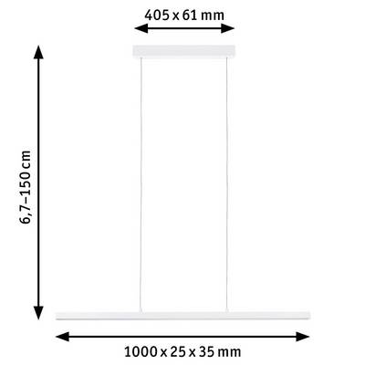 Lampe suspendue avec dimensions : en haut 405 x 61 mm, longueur totale 6,7–150 cm, en bas 1000 x 25 x 35 mm. Design minimaliste.