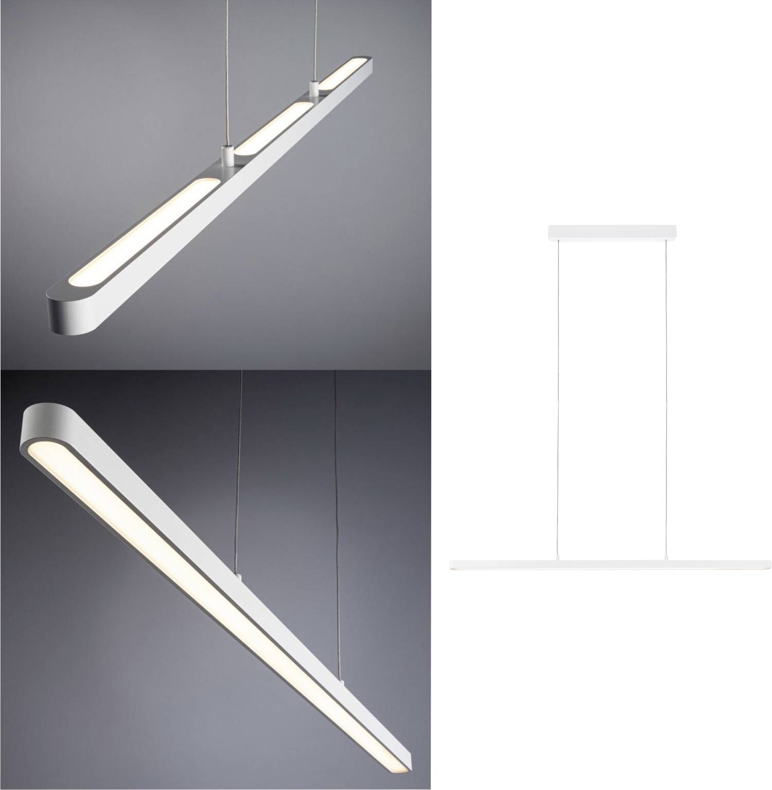 Lampe suspendue en métal au design élancé et moderne. La vue latérale révèle un bandeau lumineux avec un boîtier blanc, idéal pour les espaces minimalistes.