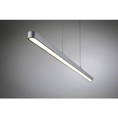 Luminaire de plafond moderne et allongé en métal, suspendu par deux câbles fins et diffusant une lumière douce ; design minimaliste.