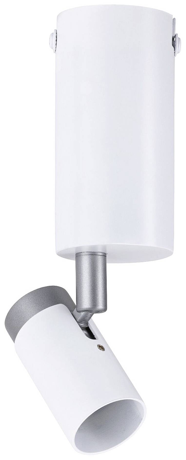 Un luminaire plafonnier blanc, cylindrique, avec un projecteur orientable. Idéal pour l'éclairage d'accentuation intérieur.
