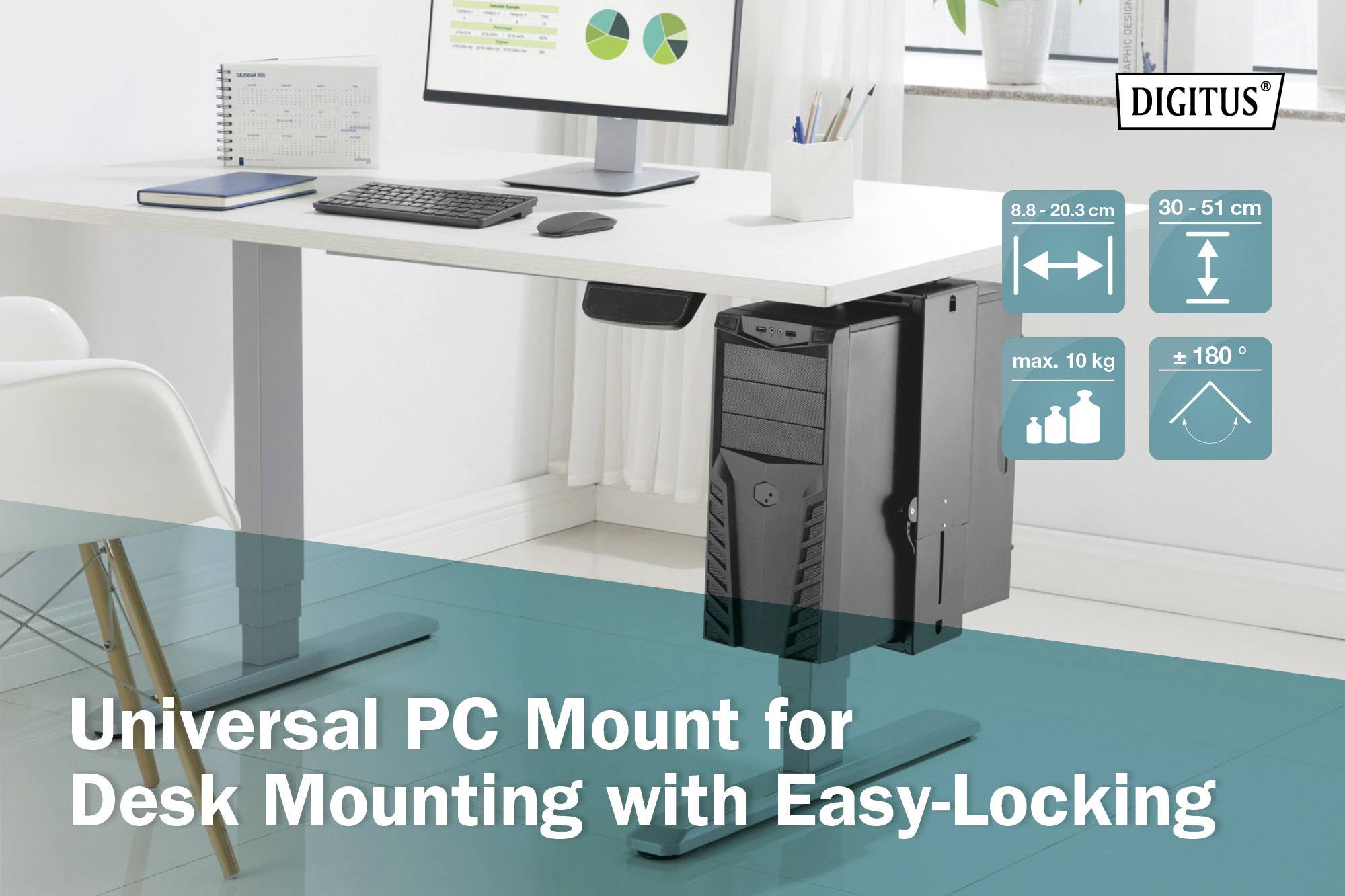 Support PC universel pour montage sur bureau avec verrouillage simple, montrant un support PC noir fixé à un bureau.