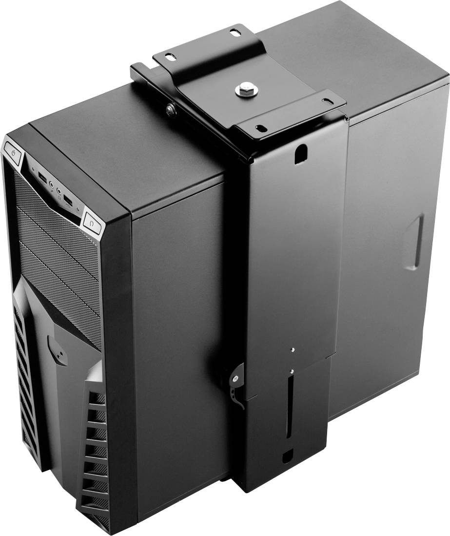 Un support de boîtier d'ordinateur noir fixé à un support, conçu pour maintenir de manière sécurisée un boîtier de bureau contre un mur.